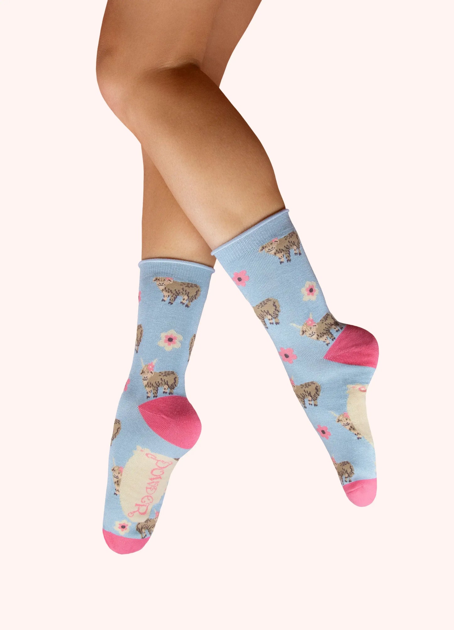 Powder Design Ladies Ankle Socks - Highland Cow in Blue