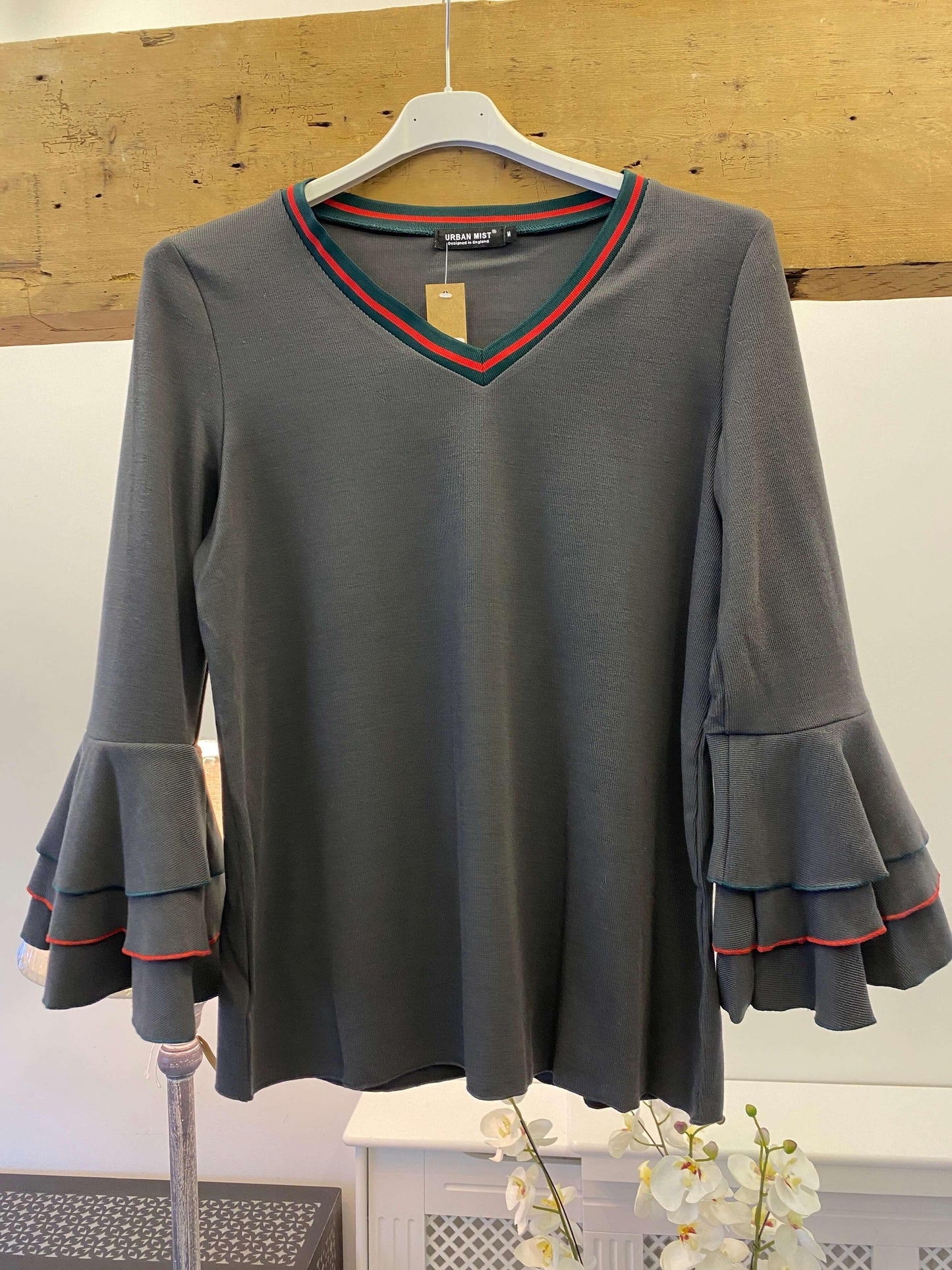 Ladies V Neck Top with Fluted Sleeve