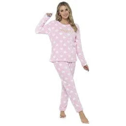 Womens Cosy Fleece Heart Pyjamas - Pink