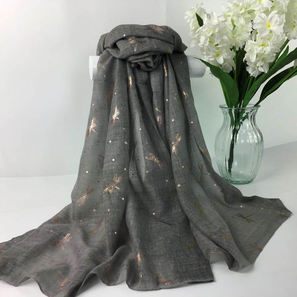 Lightweight Scarf With Rose Gold Dragonfly Bronzing