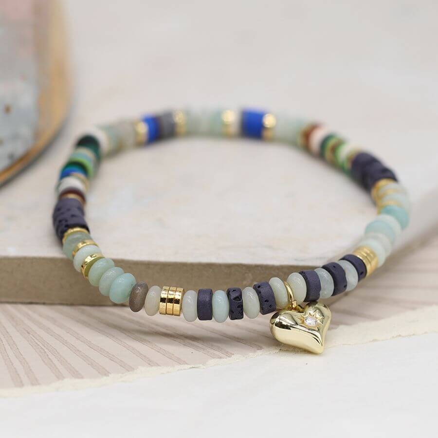 POM - Blue mix bead bracelet with golden crystal inset heart charm