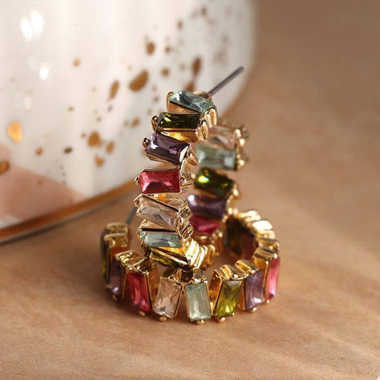 POM - Golden staggered multicoloured crystal hoop earrings