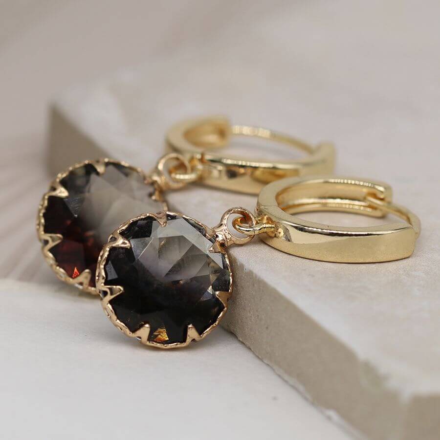 POM - Golden hoop and smoky faceted glass drop earrings