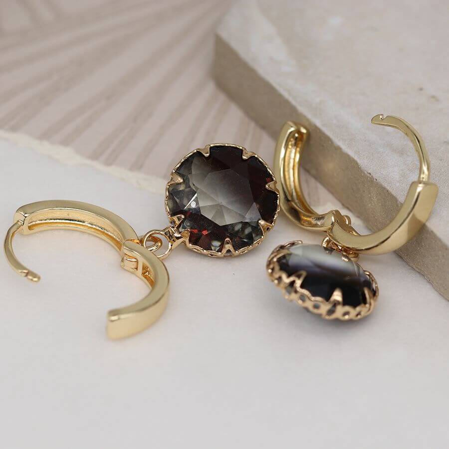 POM - Golden hoop and smoky faceted glass drop earrings