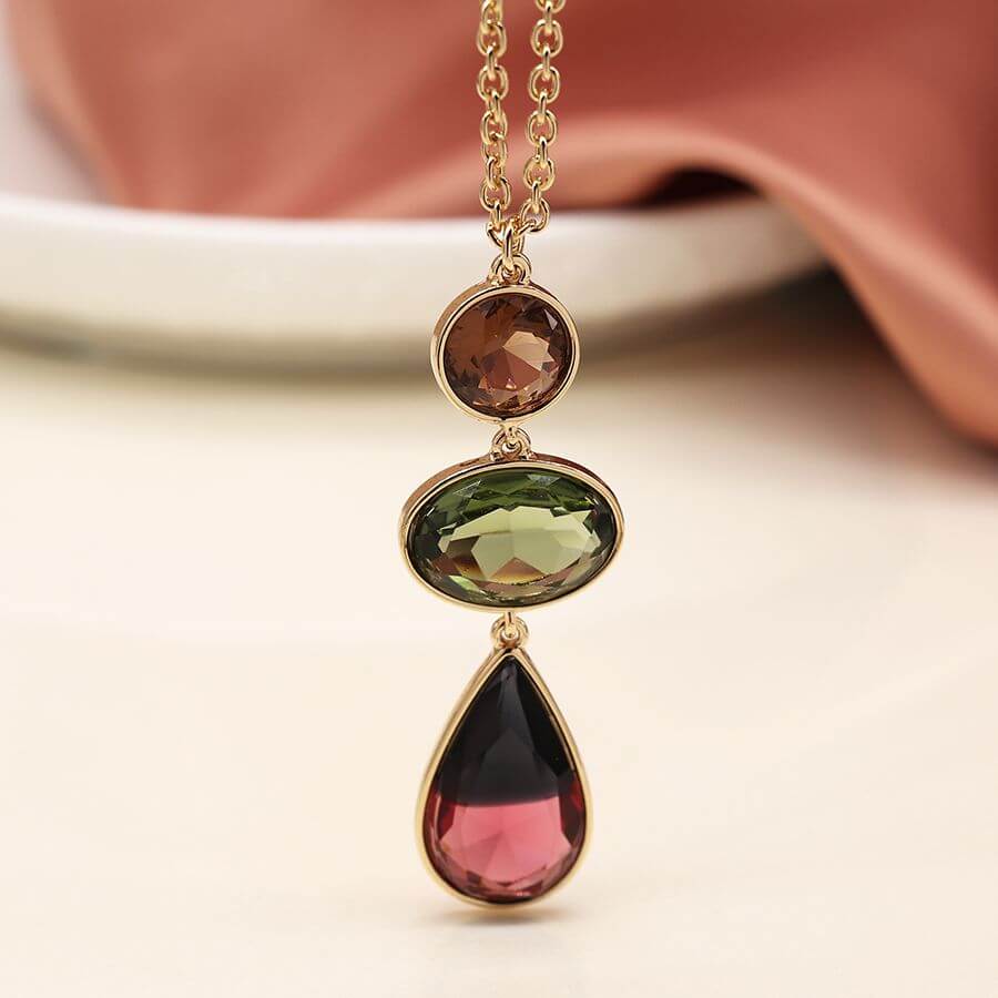 POM - Golden triple red, green and amber stone necklace