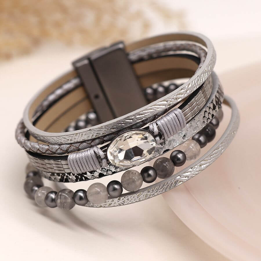 POM - Metallic grey leather bead and crystal multistrand bracelet