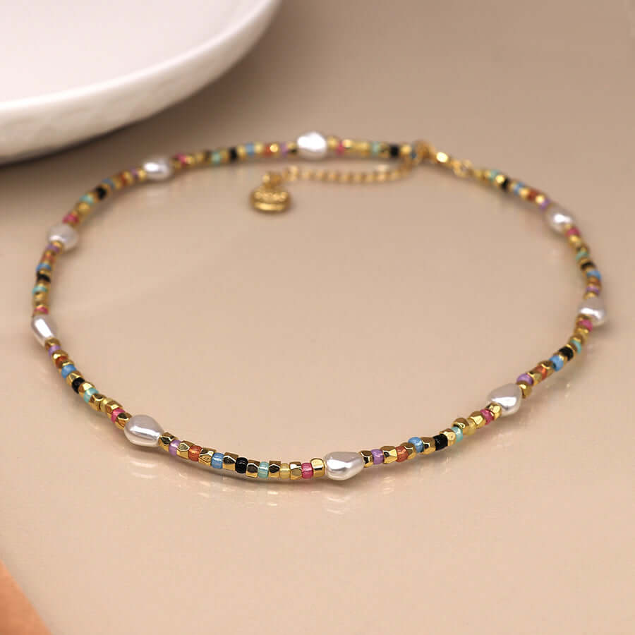 POM925 - Multicolour glass bead gold and pearl necklace
