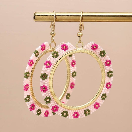 POM - Pink mix beaded flower hoop drop earrings