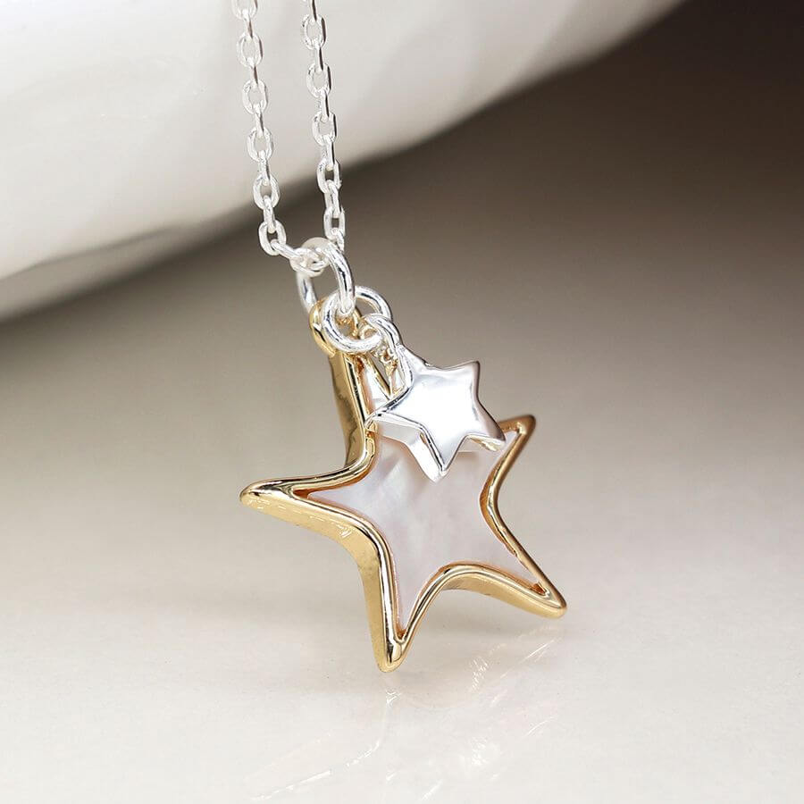 POM - Faux gold and silver plated double star necklace with shell inlay