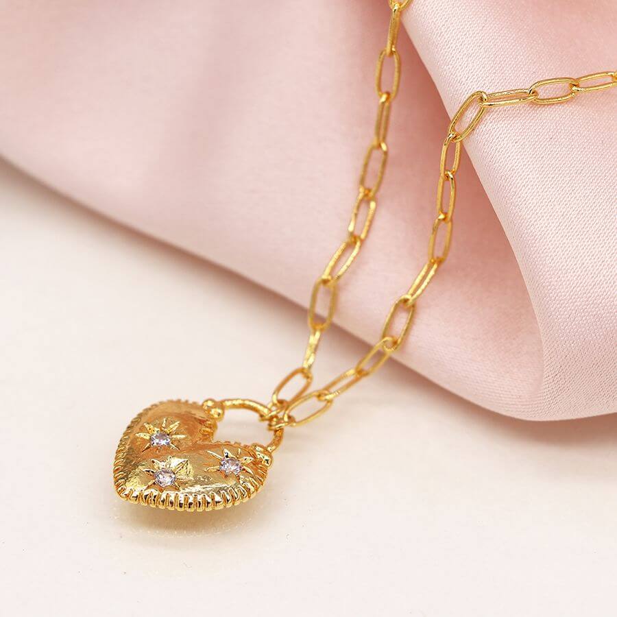 POM - Faux gold textured edge heart lock necklace with three crystals