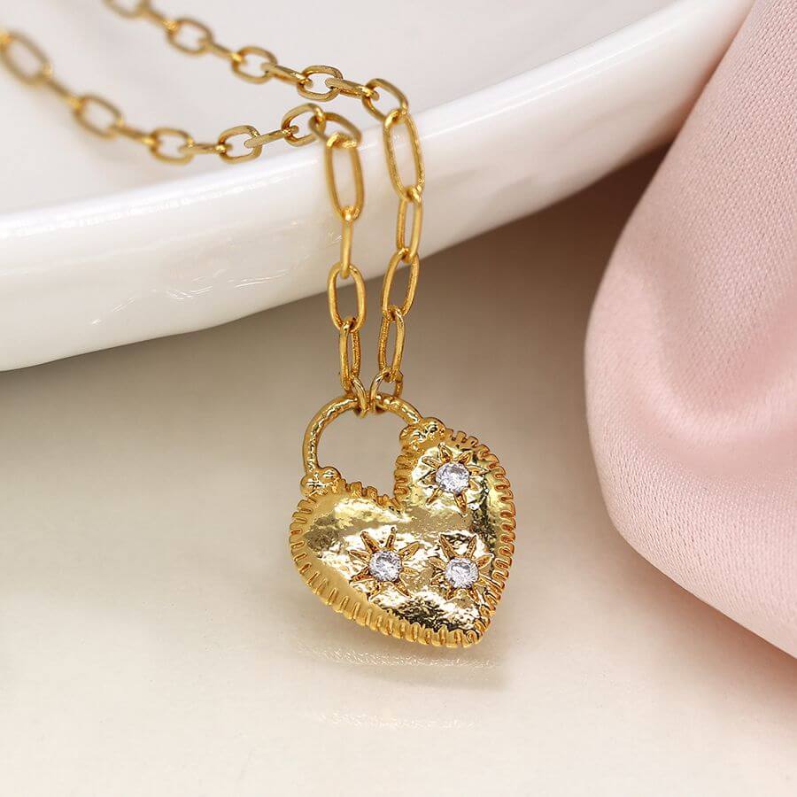 POM - Faux gold textured edge heart lock necklace with three crystals