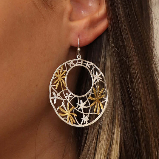 POM - Silver plated and golden irregular jali floral earrings