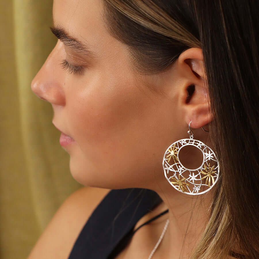 POM - Silver plated and golden irregular jali floral earrings