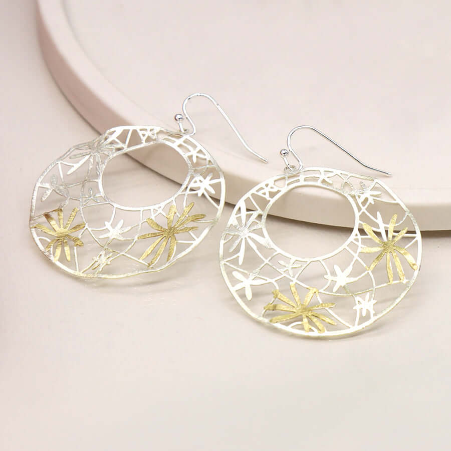 POM - Silver plated and golden irregular jali floral earrings