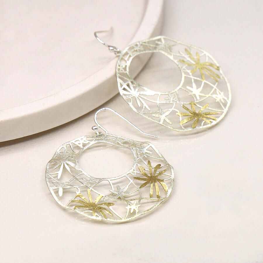 POM - Silver plated and golden irregular jali floral earrings