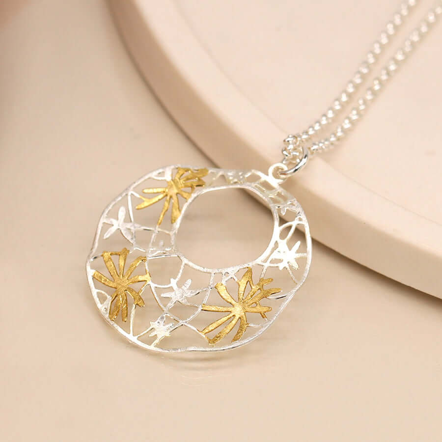 POM - Silver plated and golden irregular jali floral necklace