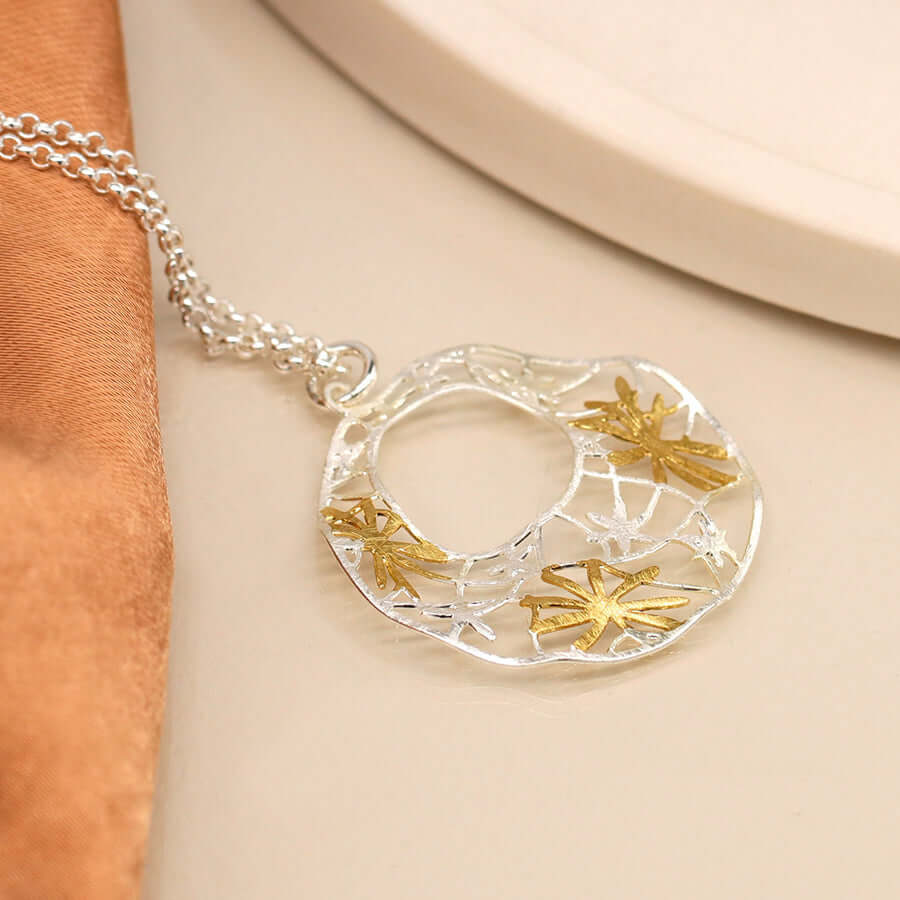 POM - Silver plated and golden irregular jali floral necklace