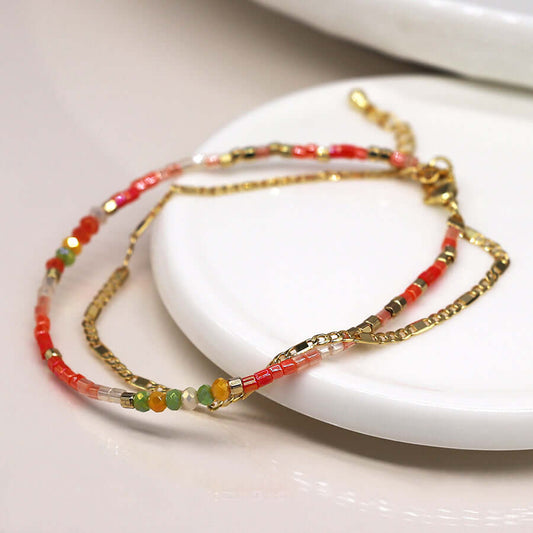 POM925 - Coral beads and golden chain layered bracelet