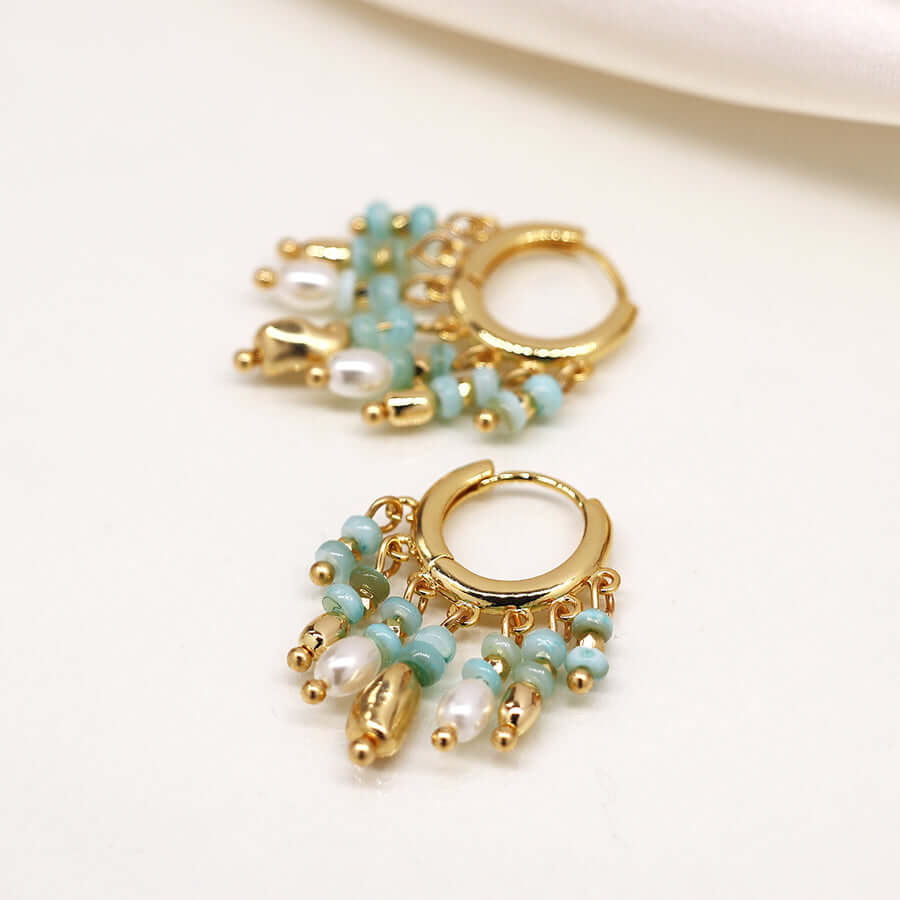 POM - Mixed aqua, gold and pearl hoop earrings