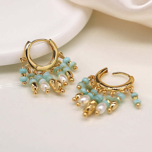 POM - Mixed aqua, gold and pearl hoop earrings