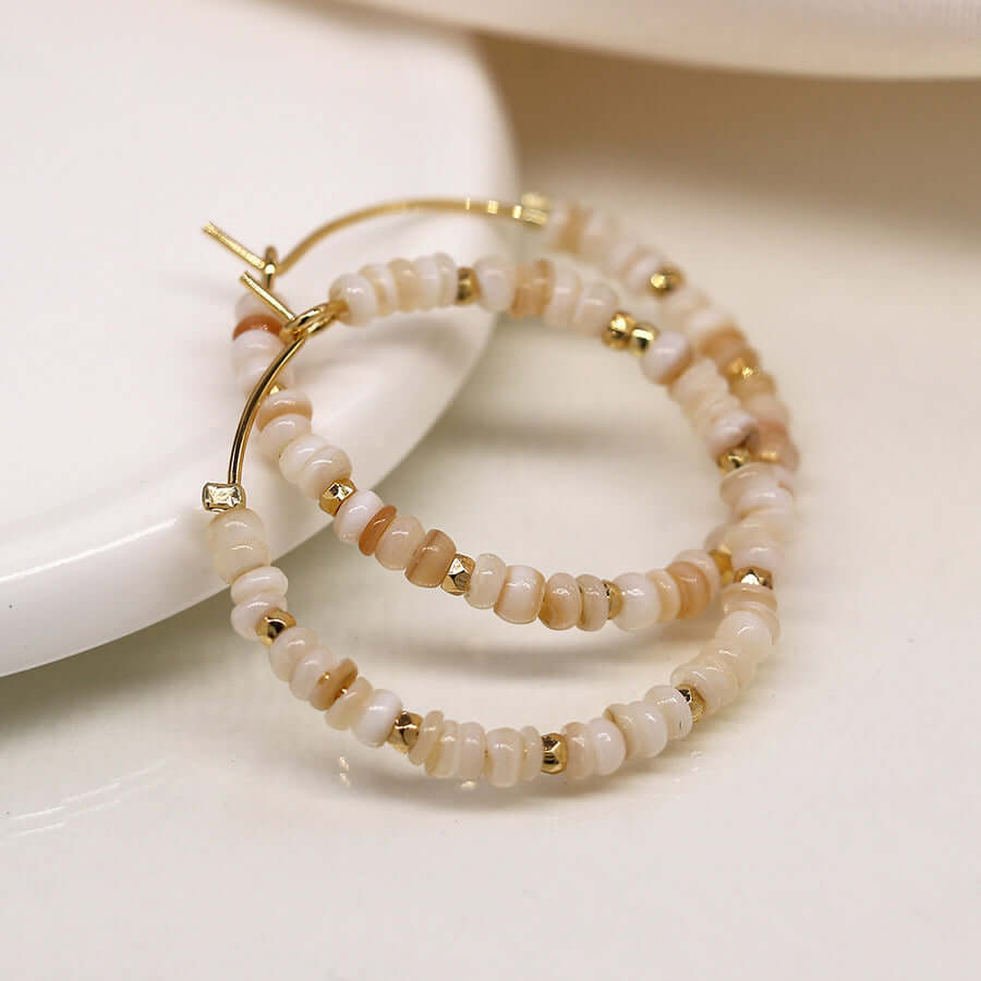 POM - Seed pearl, bead and faux gold hoop and pebble earrings