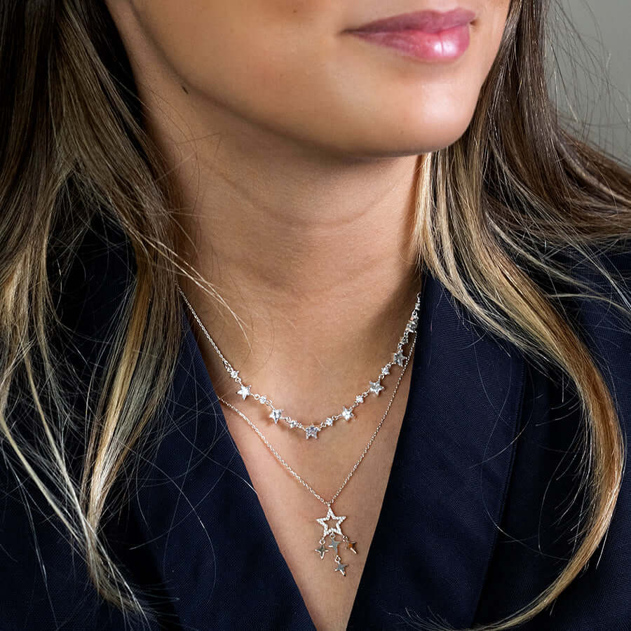 POM - Silver plated crystal star and star drops necklace