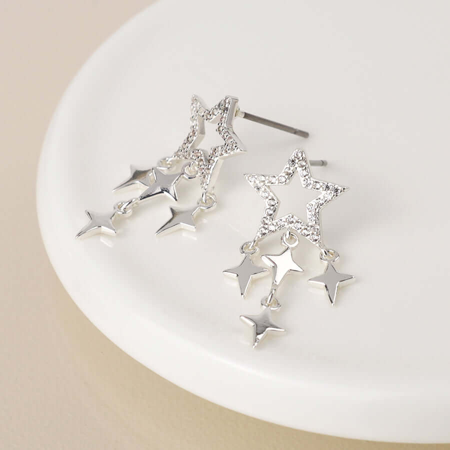 POM - Silver plated crystal star and star drops earrings