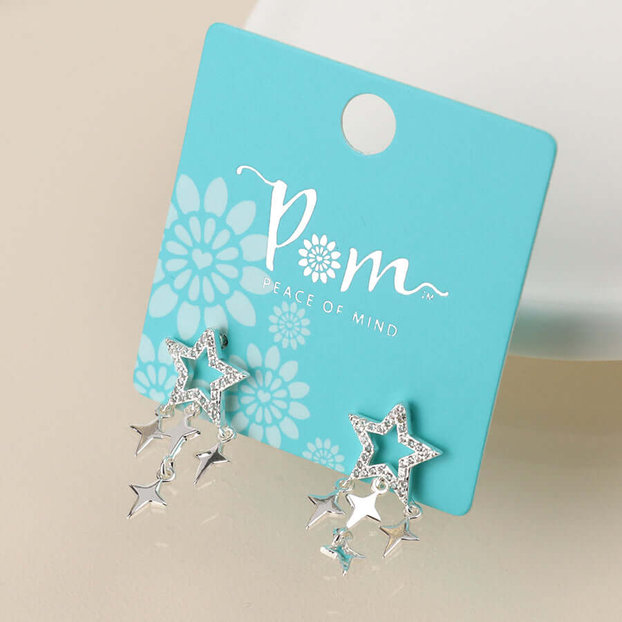 POM - Silver plated crystal star and star drops earrings