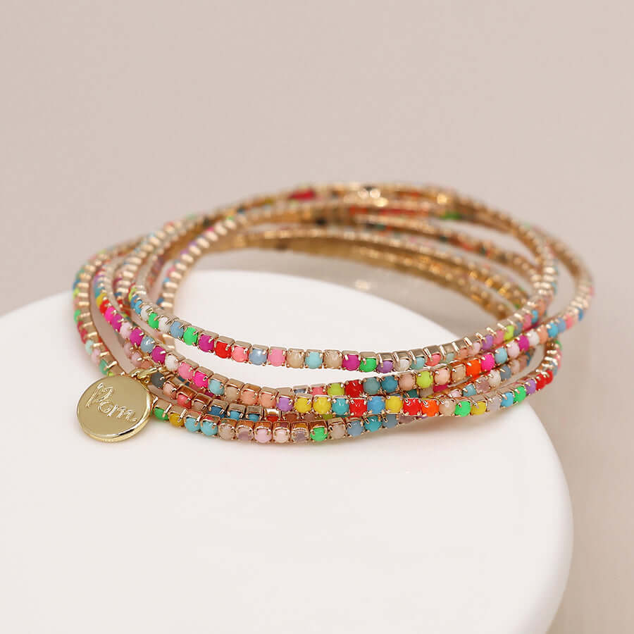 POM - Golden multistrand rainbow mix crystal bracelet stack