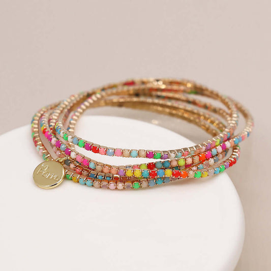 POM - Golden multistrand rainbow mix crystal bracelet stack