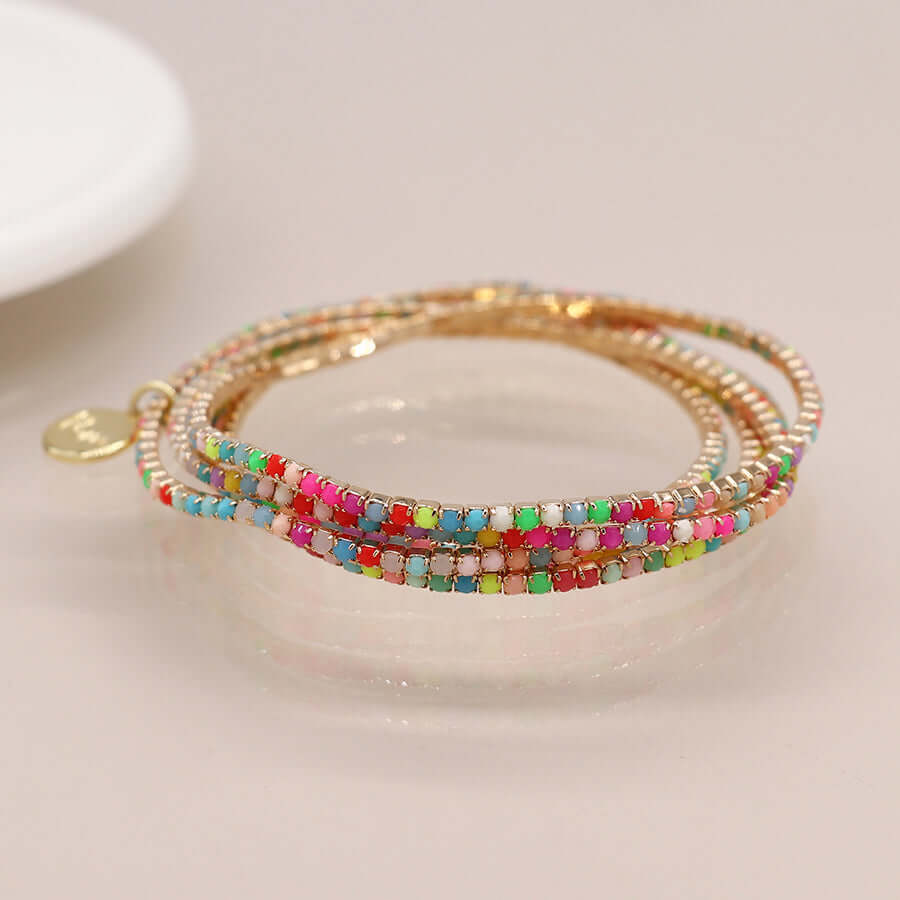 POM - Golden multistrand rainbow mix crystal bracelet stack