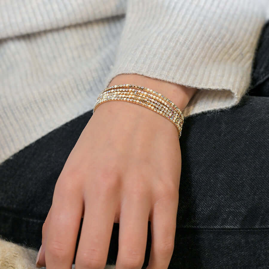 POM - Golden multistrand cream mix crystal bracelet stack
