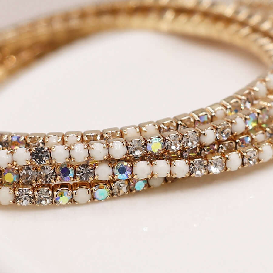 POM - Golden multistrand cream mix crystal bracelet stack