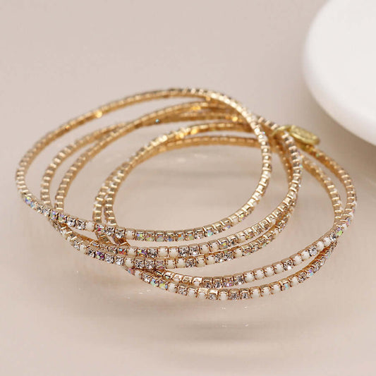 POM - Golden multistrand cream mix crystal bracelet stack