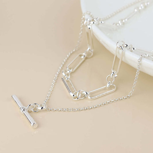 POM - Silver plated layered chain and t-bar necklace