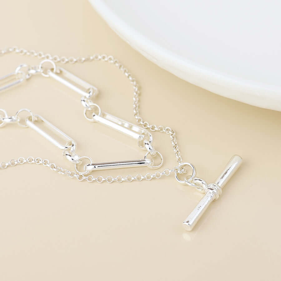 POM - Silver plated layered chain and t-bar necklace