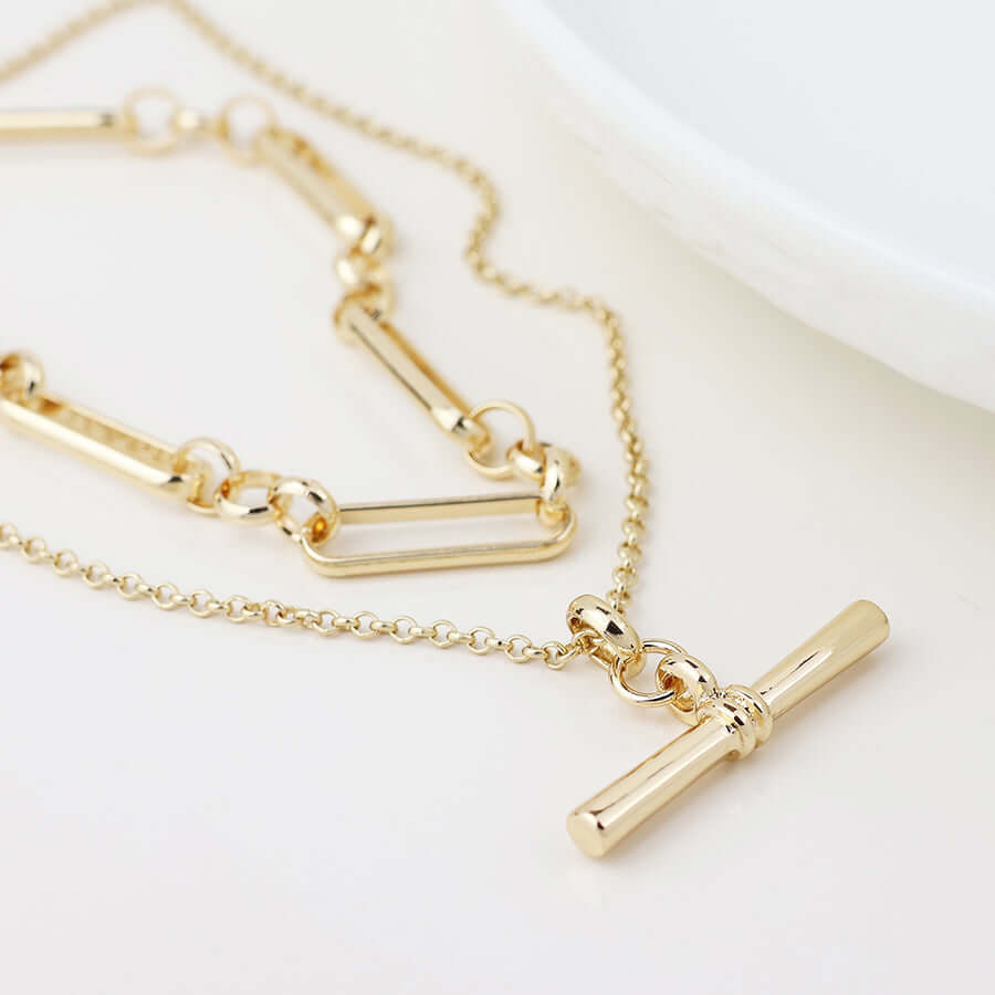 POM - Golden layered chain and t-bar necklace