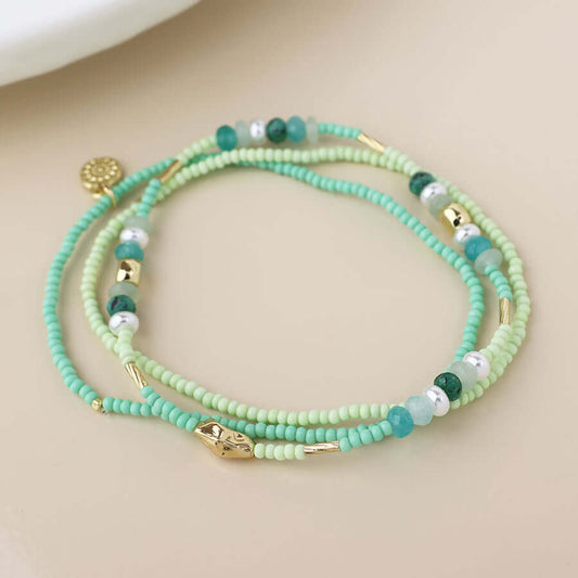 POM925 - Green mix fine beaded necklace with pearls