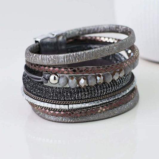 POM925 - Grey textures and crystal beads multistrand bracelet