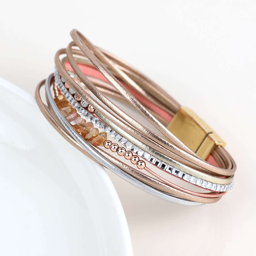 POM925 - Rose gold, silver, pink mix multistrand and bead bracelet