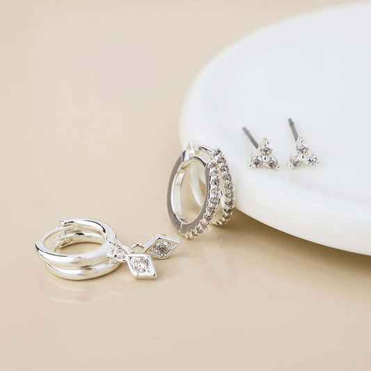 POM925 - Silver plated crystal hoops and studs earring set