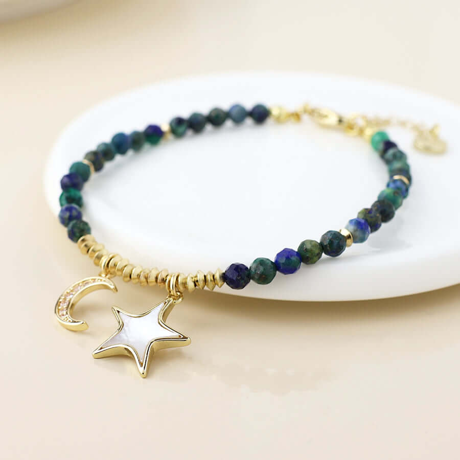 POM925 - Golden and dark bead moon and star charm bracelet