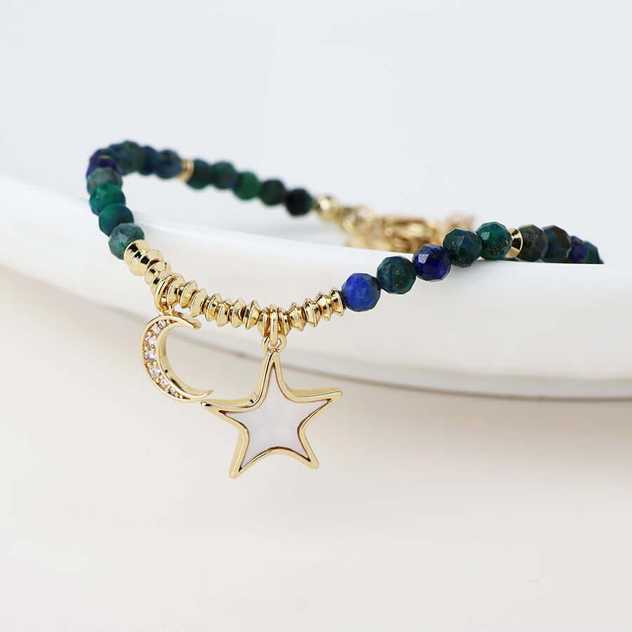 POM925 - Golden and dark bead moon and star charm bracelet