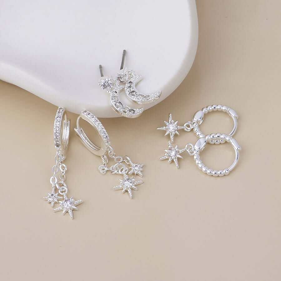 POM925 - Doris silver plated crystal celestial charm earring set