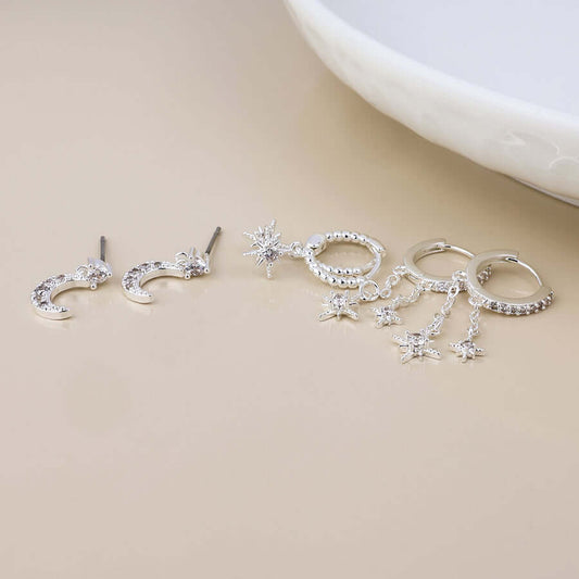 POM925 - Doris silver plated crystal celestial charm earring set