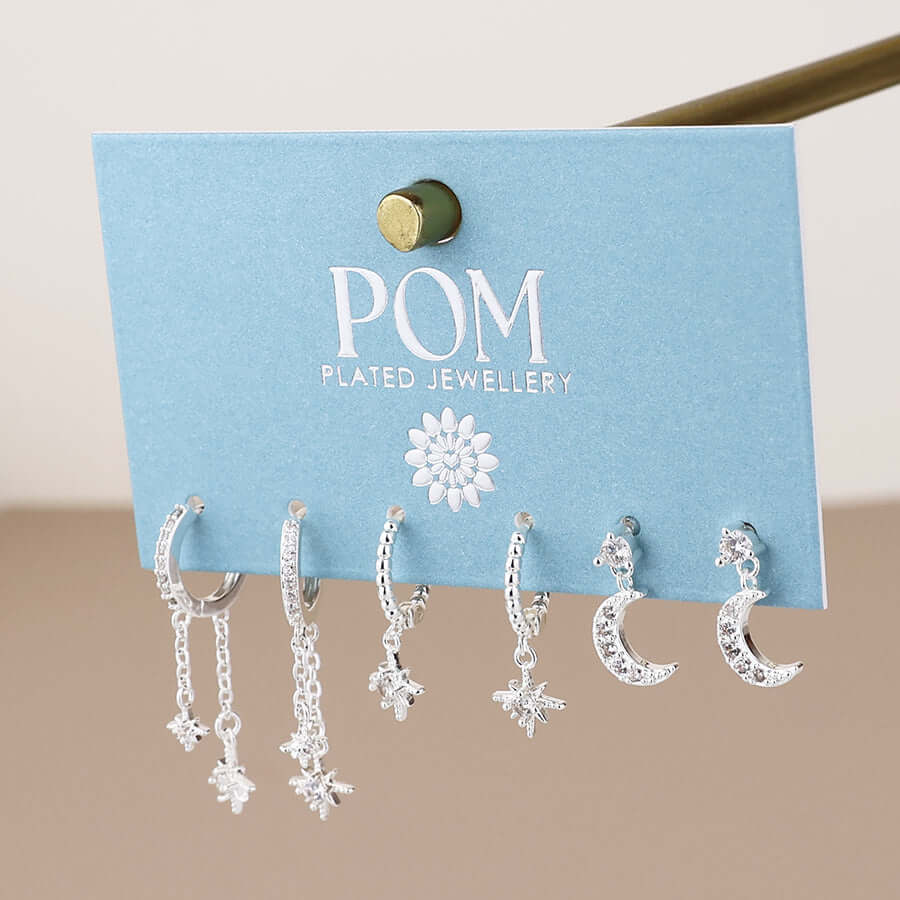 POM925 - Doris silver plated crystal celestial charm earring set