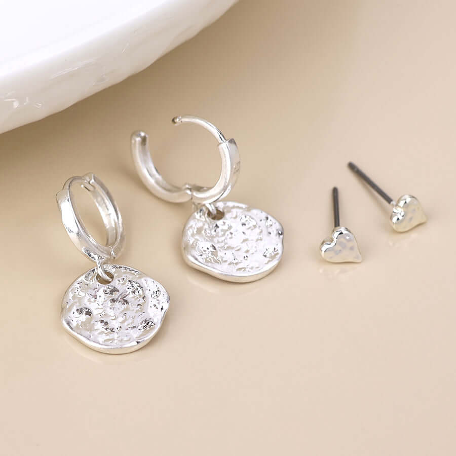 POM925 - Solstice silver textured disc drop hoop and heart stud earring set