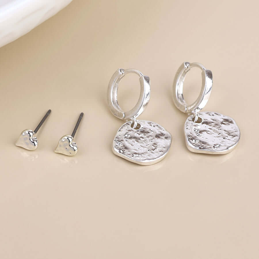 POM925 - Solstice silver textured disc drop hoop and heart stud earring set