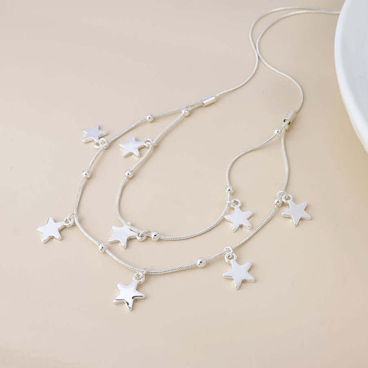 POM925 - Stardust silver plated double strand star drops necklace