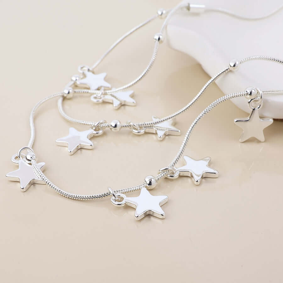 POM925 - Stardust silver plated double strand star drops necklace